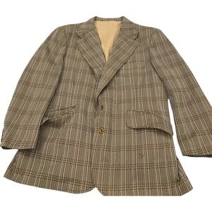 Vintage 2 Button Front Plaid Men's Blazer Suit‎ Long Sleeve Pockets Brown